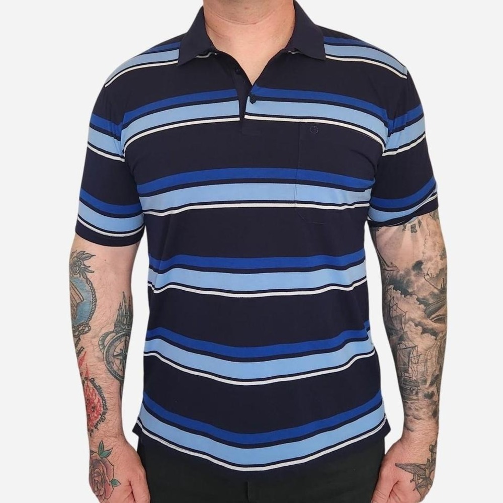 Goldlion striped polo shirt with button up collar blue and navy Mens M